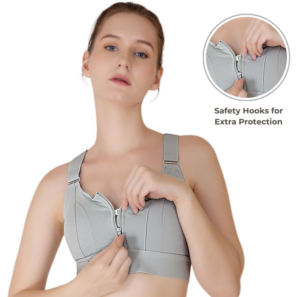 Luella High Impact Sports Bra, Front Zip, Adjustable Velcro Straps, Crisscross Back, Black (In, Alpha, 2Xl, Regular, Olive)