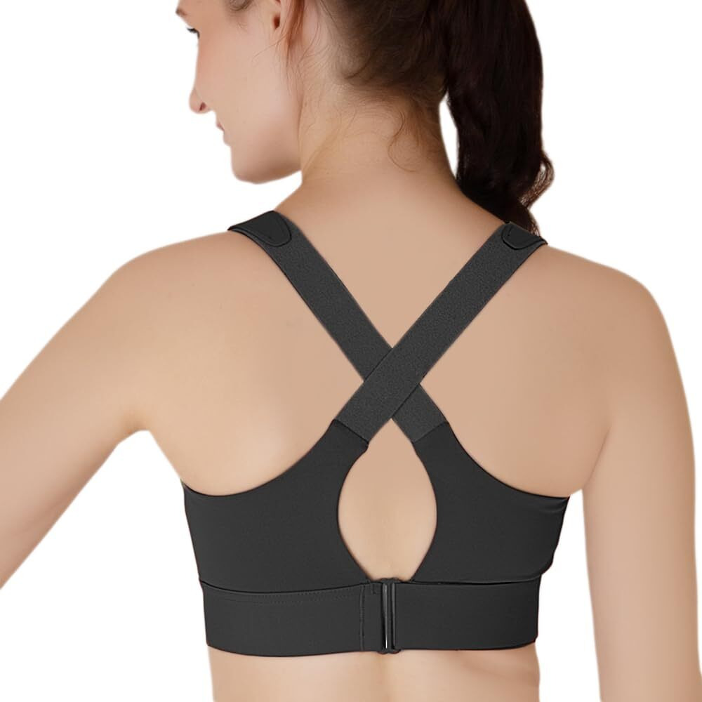 Luella High Impact Sports Bra, Front Zip, Adjustable Velcro Straps, Crisscross Back, Black (In, Alpha, 3Xl, Regular, Black)