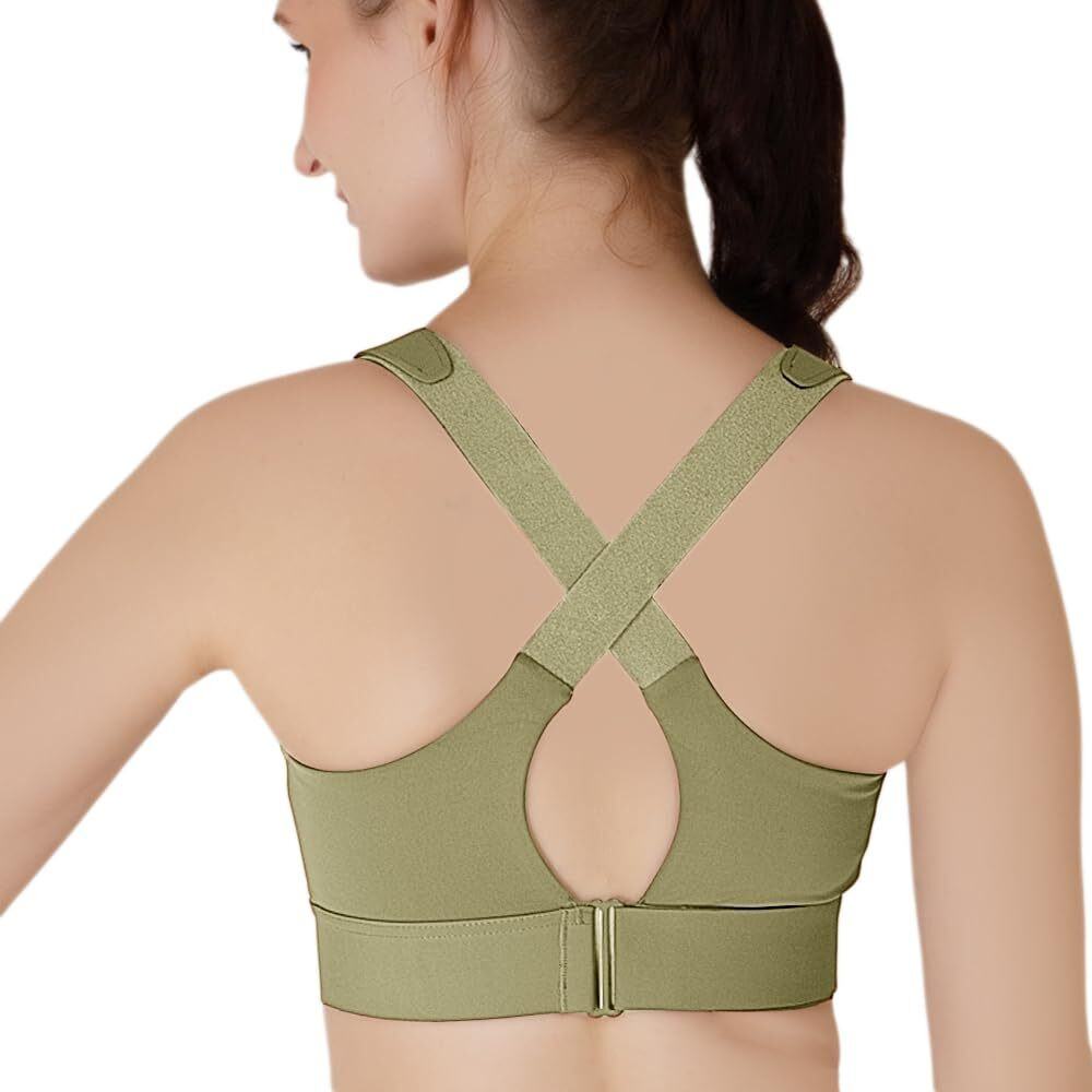Luella High Impact Sports Bra, Front Zip, Adjustable Velcro Straps, Crisscross Back, Black (In, Alpha, 3Xl, Regular, Olive)