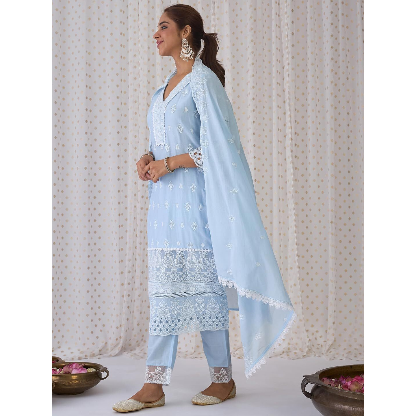 Indo Era Women's Embroidered Pure Cotton Kurta & Pant With Dupatta Set (Kh0Bl6078_Xx-Large)