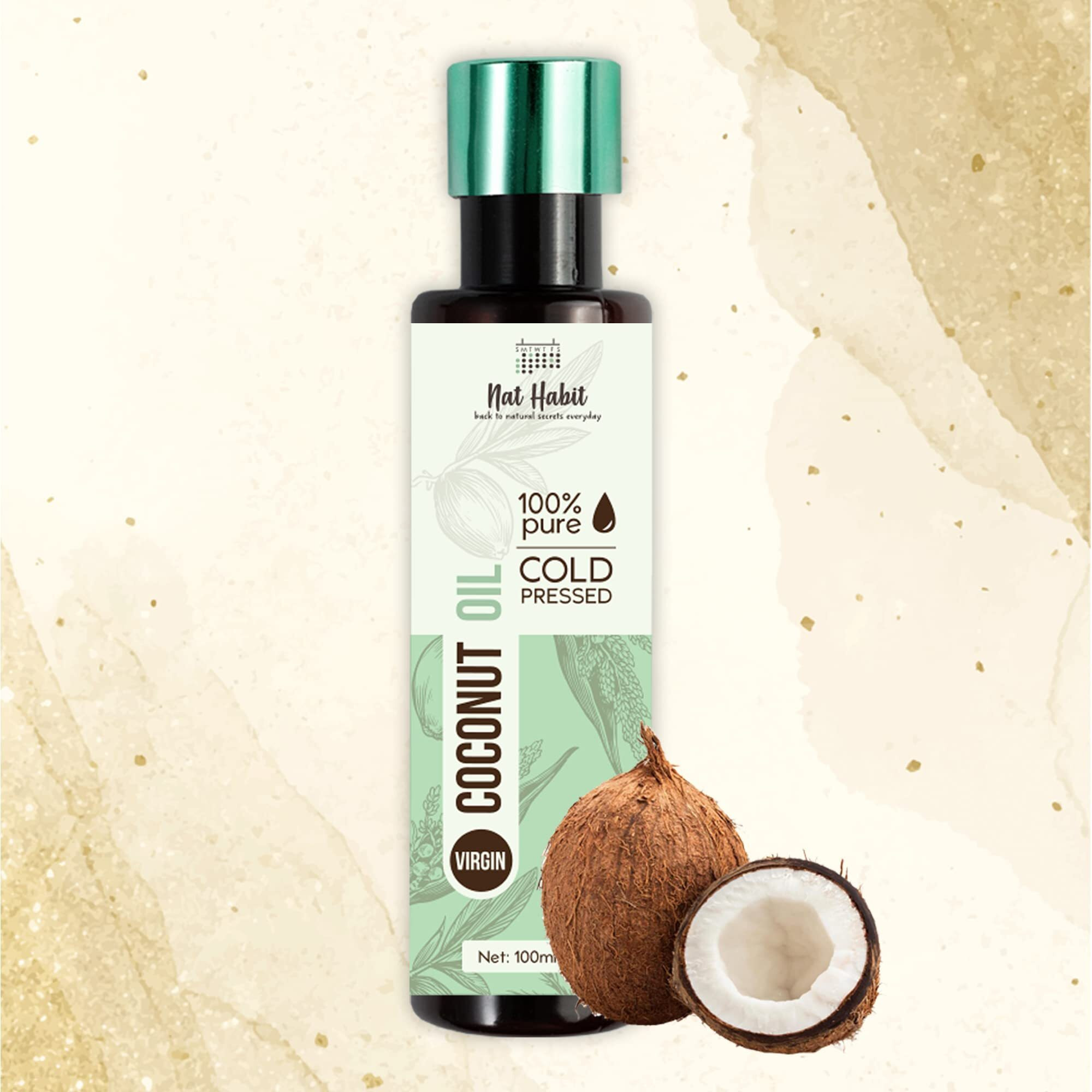 Nat Habit Cold Pressed 100% Pure Virgin Coconut Oil For Skin & Hair, Of Raw Coconut From Tamil Nadu & Kerala | Fresh From Our Ayurvedic Kitchen, Zero Preservatives | Body Massage Oil, Hair Oil, 100Ml