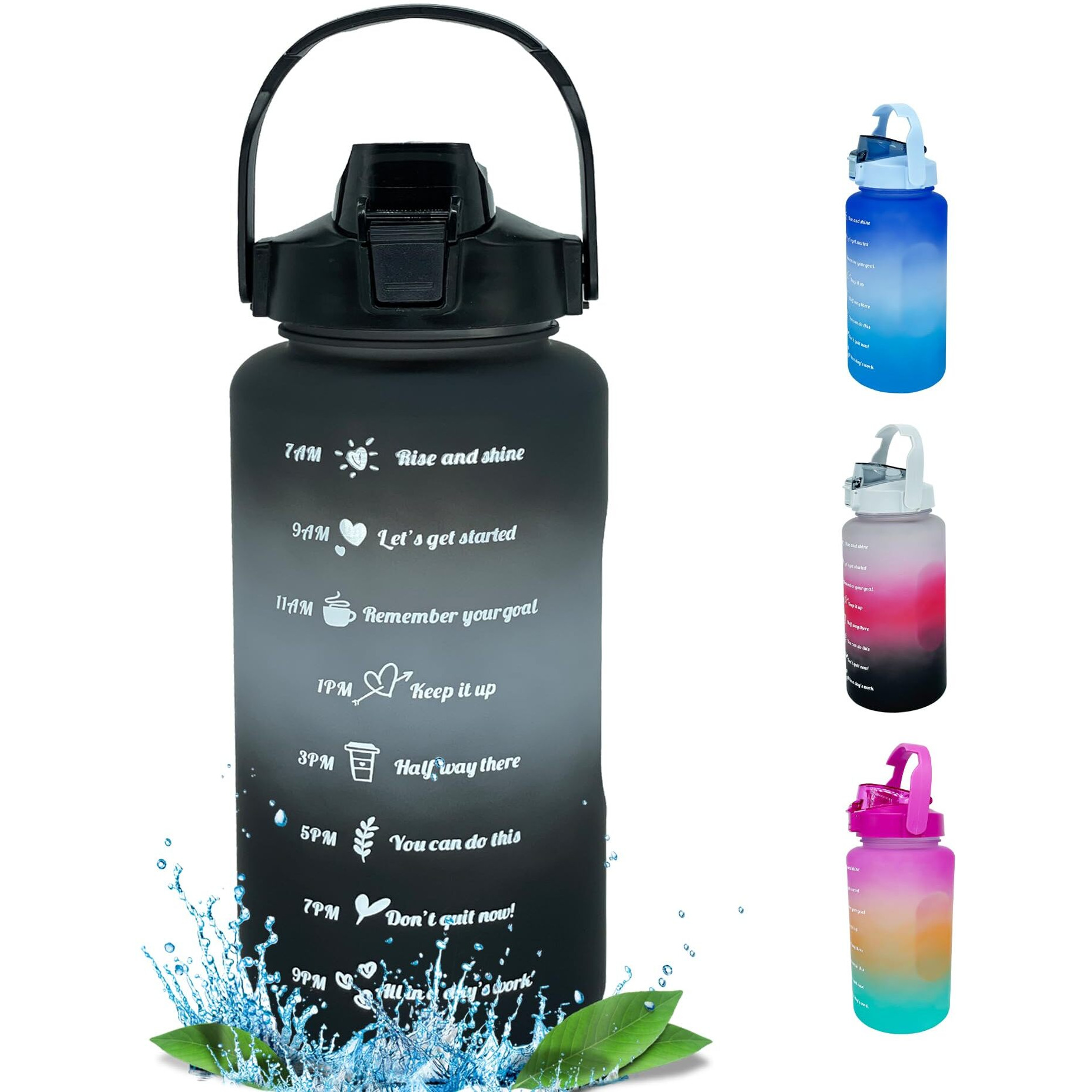 House Of Quirk Plastic 2 Litre 3D Sticker Water Bottle With Straw, Unbreakable Sports Water Bottles With Handle, Leak Proof Drinks Bottle Bpa Free For Gym Fitness Outdoor Sports - Black/Grey/Black