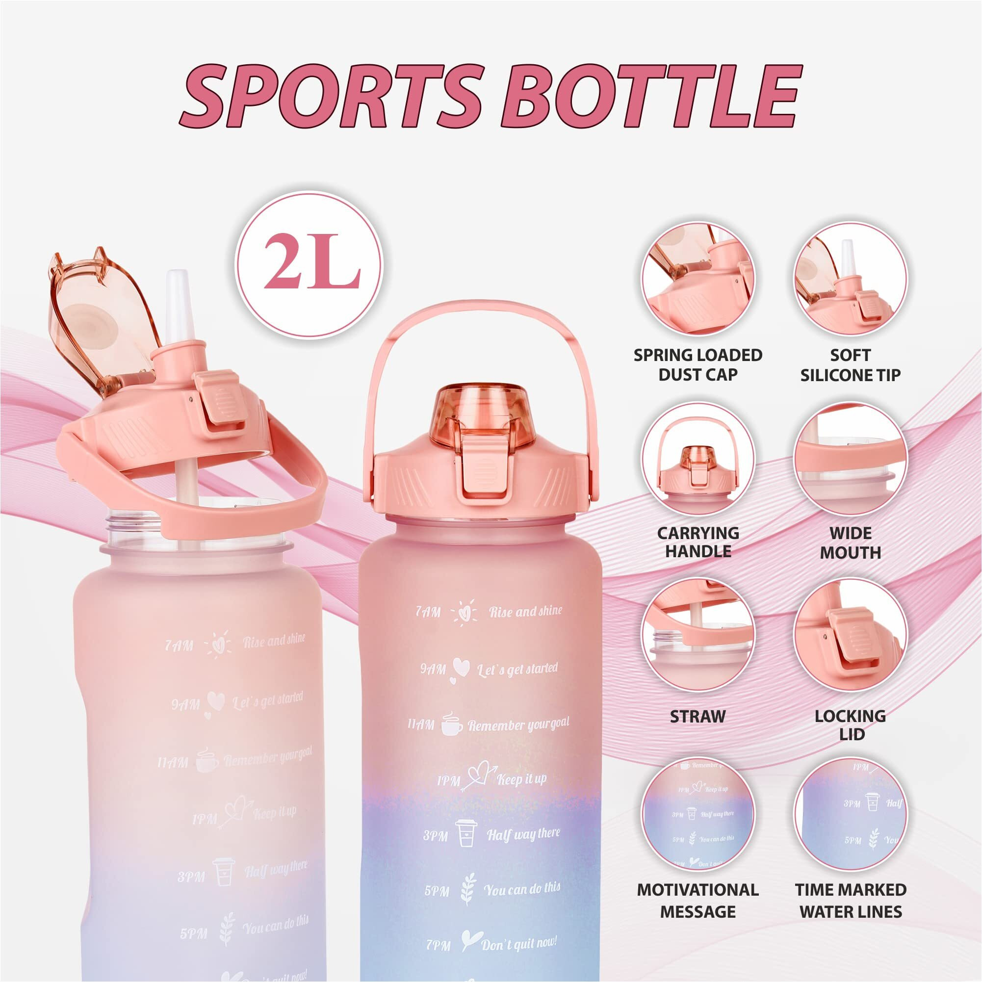 House Of Quirk Plastic 2 Litre 3D Sticker Water Bottle With Straw, Unbreakable Sports Water Bottles With Handle, Leak Proof Drinks Bottle Bpa Free For Gym Fitness Outdoor Sports - Black/Grey/Black