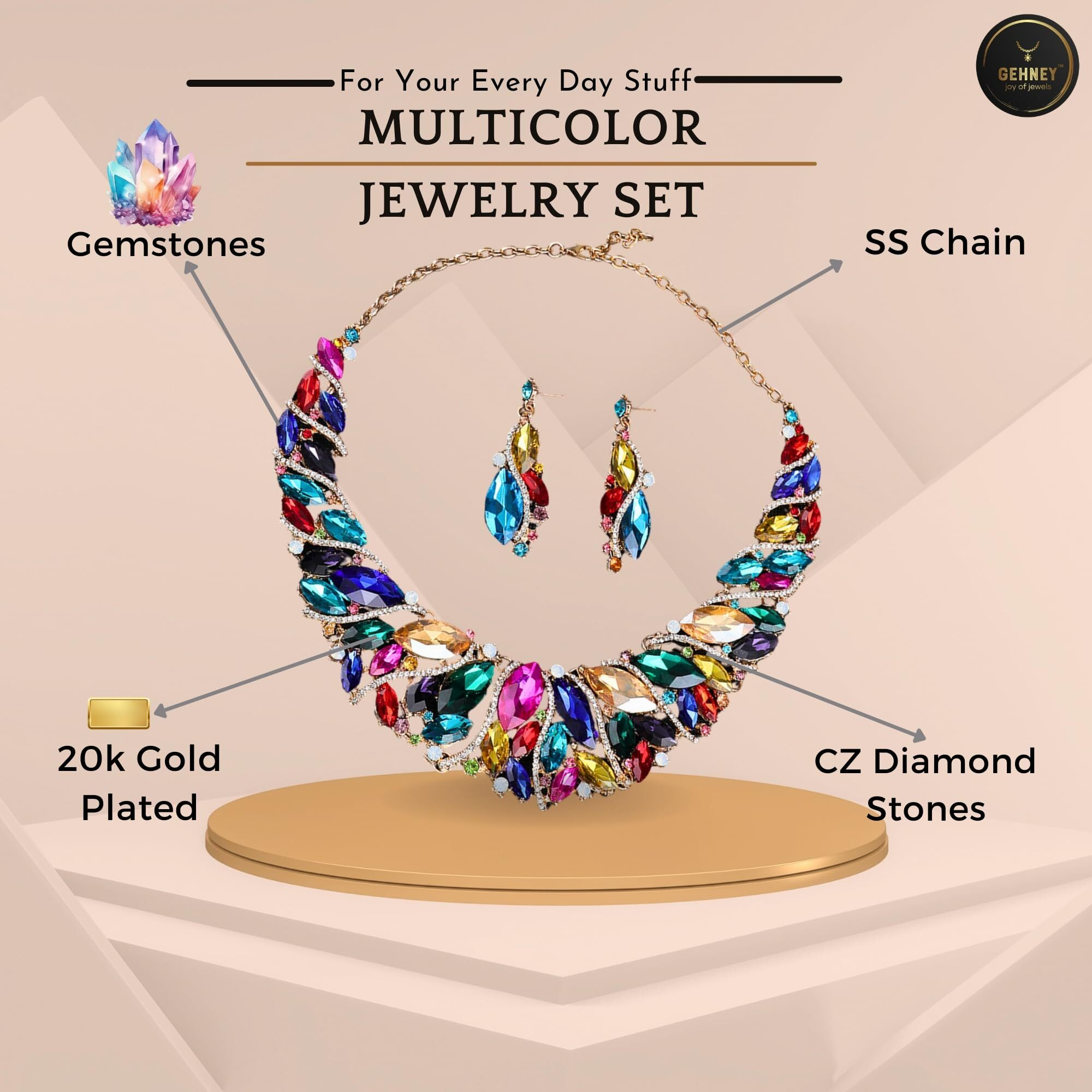 Gehney Jewelry Set For Women - Necklace & Earrings With Blue Gemstones & Ad Zircon - Handmade Crystal Necklace Set For Women - Jewelry For Parties & Special Occasions - Fashion Necklace & Earring Set (Multicolor-2)