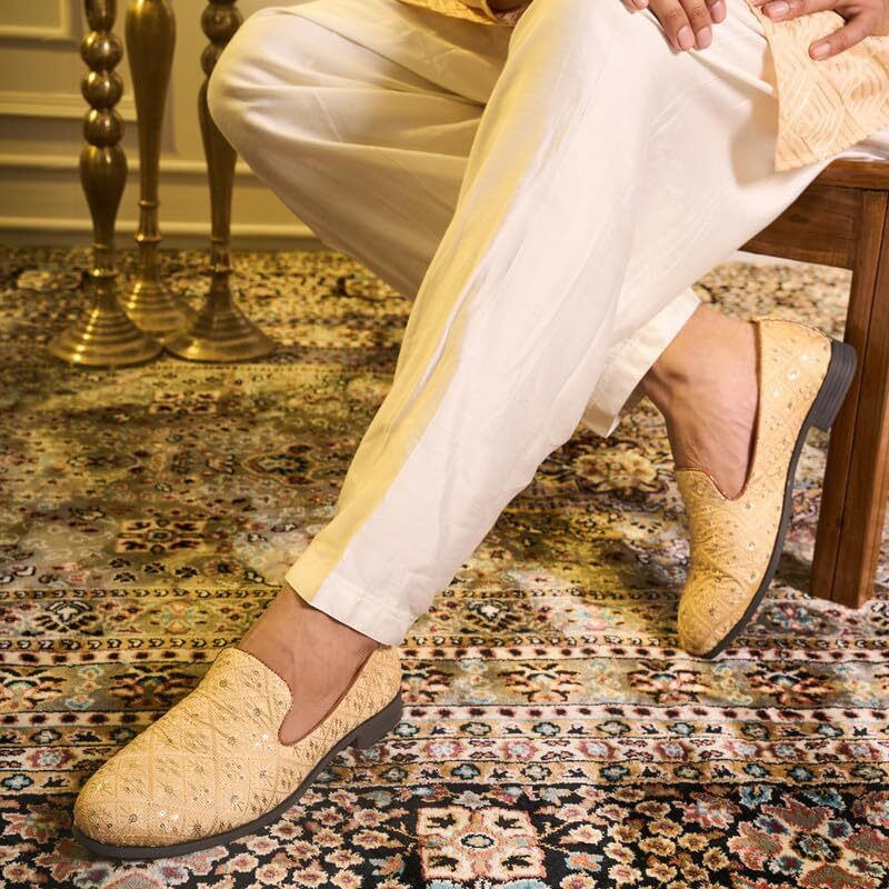 Fausto Fst Fosme-2165 Cream-46 Men Cream Ethnic Velvet Sequin Embroidered Prom Slip On Juttis And Mojaris For Wedding|Party Slip-On|Traditional Kurtas Shoes|Festive Slip On Shoes (13 Uk)