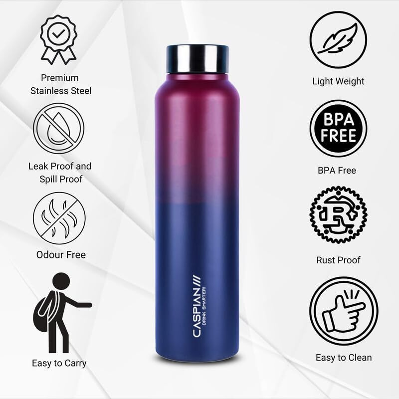 Caspian /// Astra Stainless Steel Water Bottle (Midnight Crimson, 1 Litre, Set Of 1)| Leak Proof Thunder For Fridge Home Office Travel School Kids Boys Girls Adults Sports Gym Yoga
