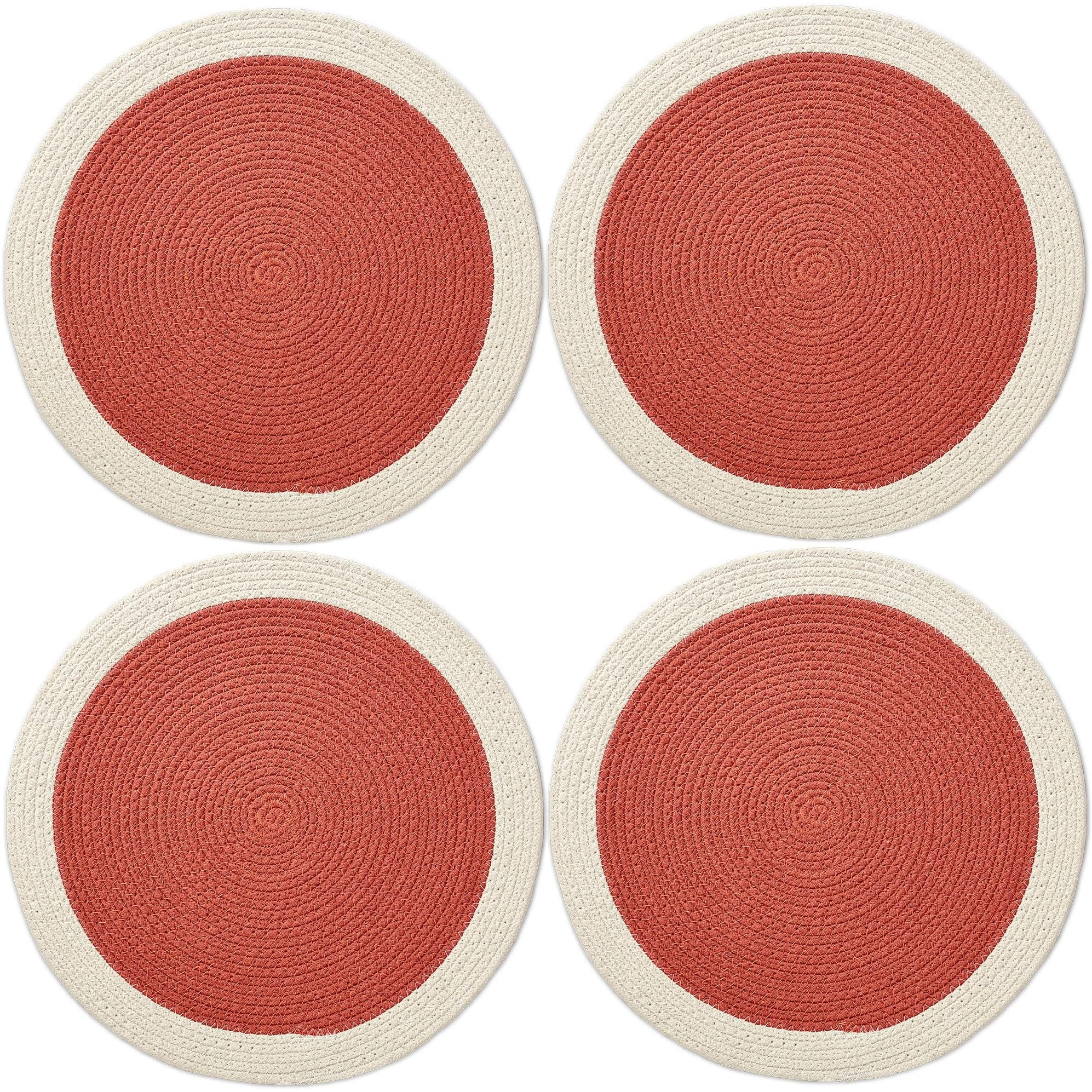 Encasa Xo Dining Table Mats Set Of 4 | Cotton Round Placemat - 33 Cm Diameter | Coral & Off White | Handmade Rib Style