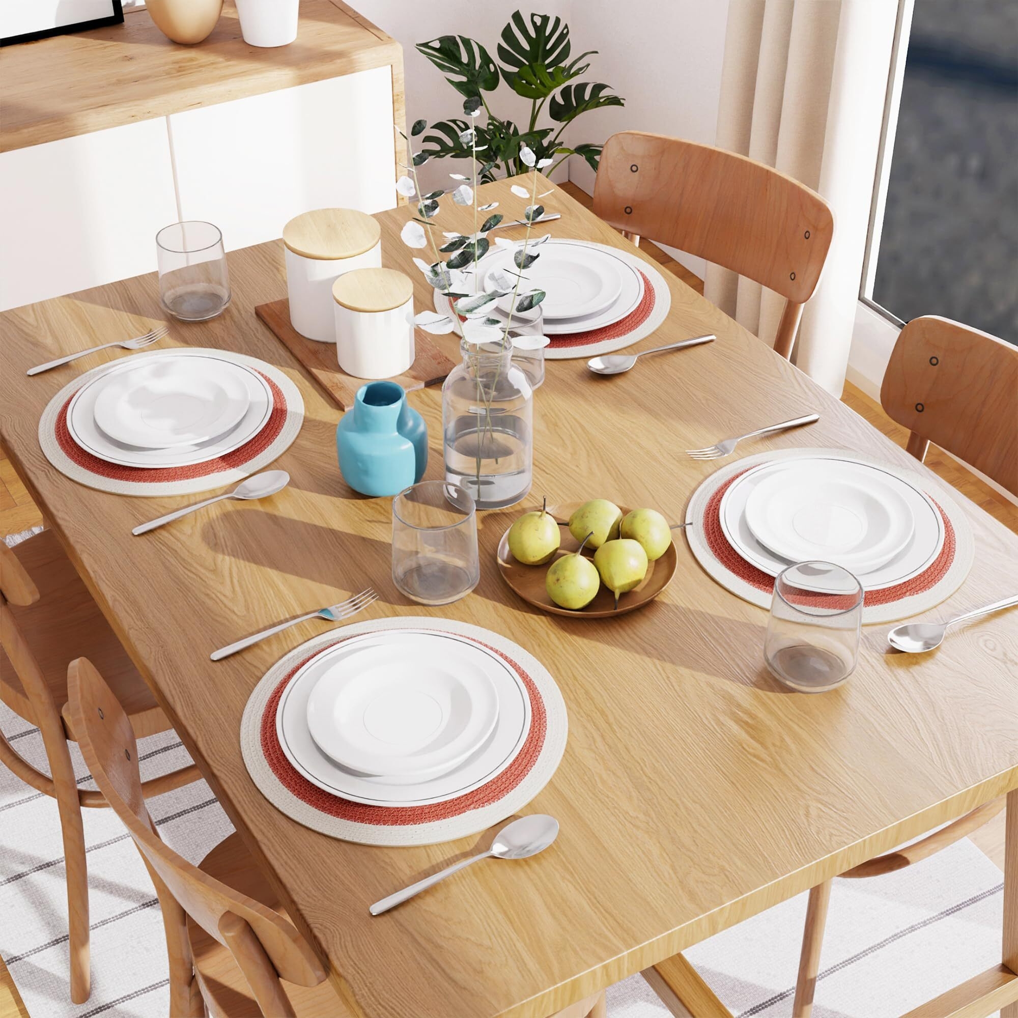 Encasa Xo Dining Table Mats Set Of 4 | Cotton Round Placemat - 33 Cm Diameter | Coral & Off White | Handmade Rib Style