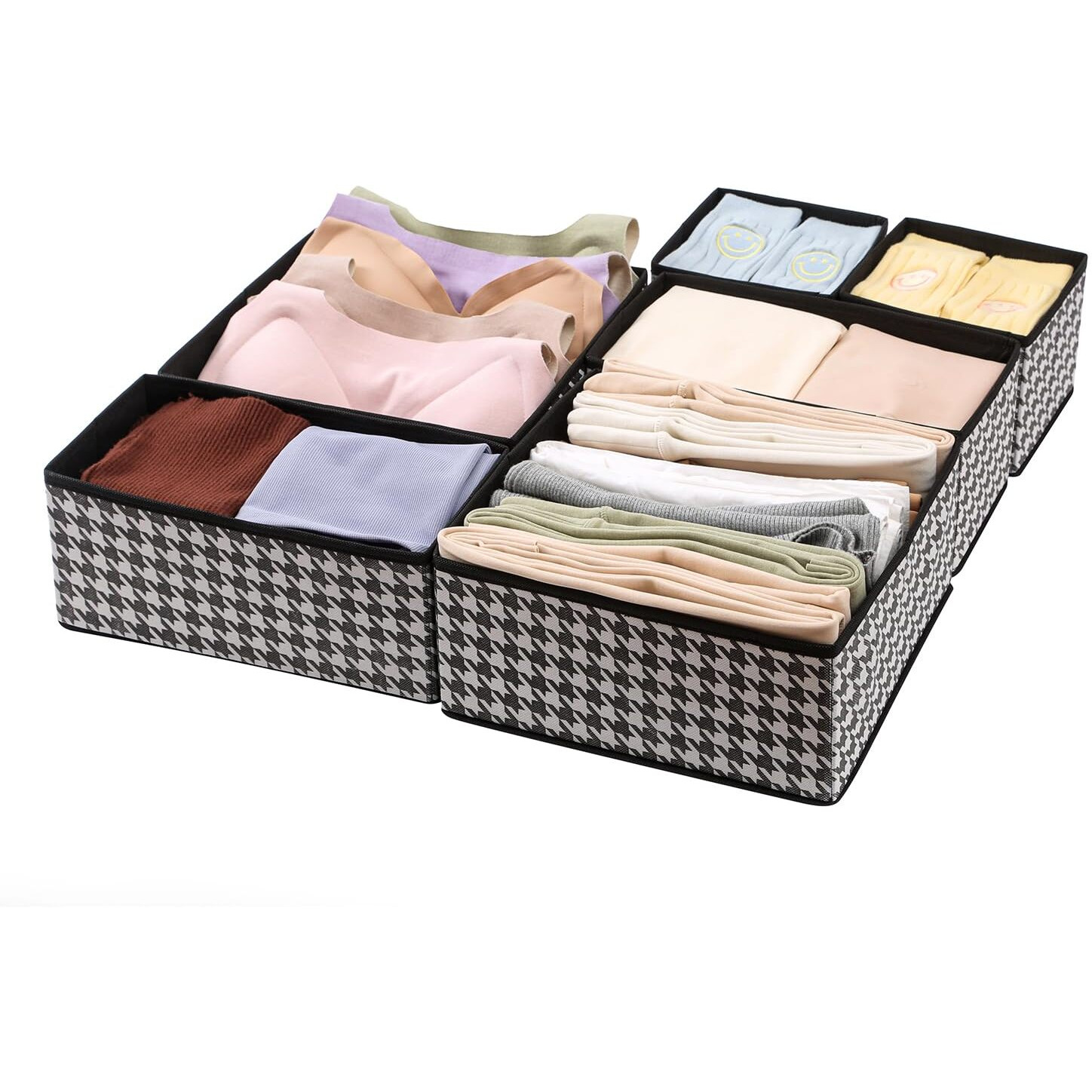 House Of Quirk Foldable Cloth Storage Box Closet Dresser Drawer Organizer Cube Basket Bins Containers Divider With Drawers For Clothing/Underwear,Ties,Scarves,Set Of 6(Black Houndstooth,Non-Woven)