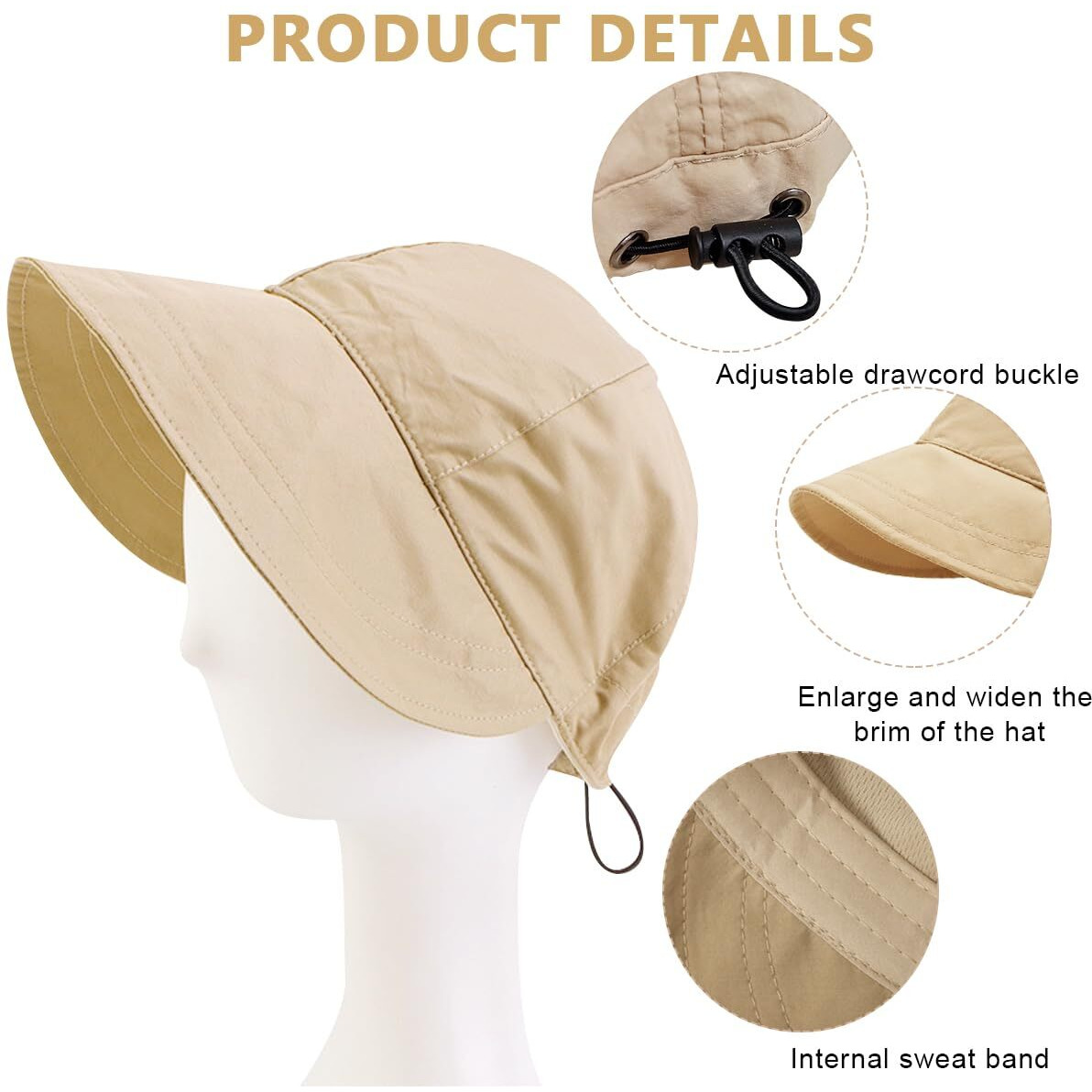 Palay Polyester Bucket Hat For Women Sun Protection Wide Brim Beach Hat Sun Hats For Women, Fashion Lightweight Quick Dry Summer Cap, Adjustable Drawstring Closure, Khaki