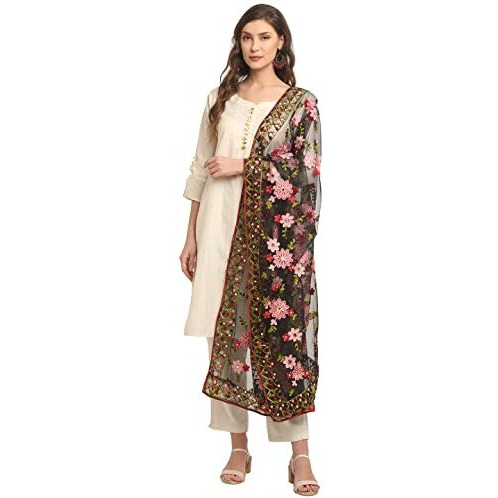 Shasmi Women's Heavy Net Embroidered Fancy Phulkari Work Dupatta For Women (Only Dupatta) (Black)