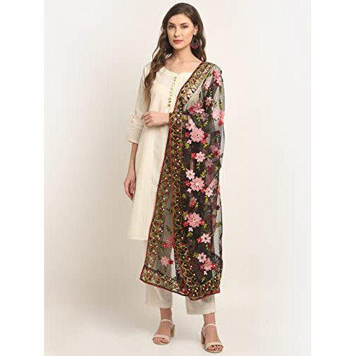 Shasmi Women's Heavy Net Embroidered Fancy Phulkari Work Dupatta For Women (Only Dupatta) (Black)