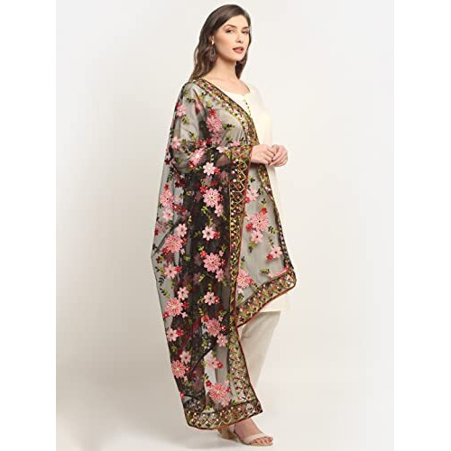 Shasmi Women's Heavy Net Embroidered Fancy Phulkari Work Dupatta For Women (Only Dupatta) (Black)