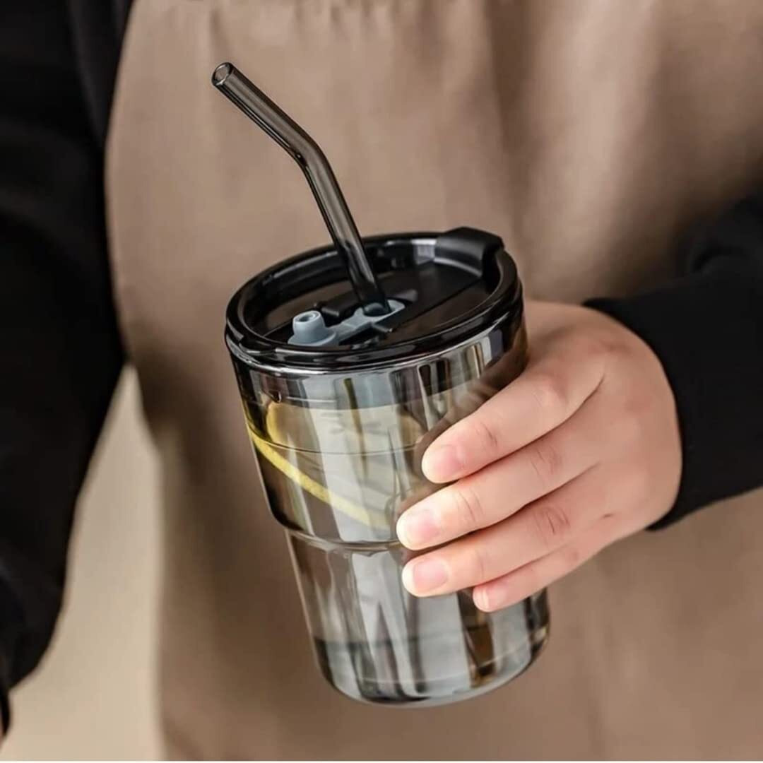 Kikiluxxa Glass Tumbler Mug With Lid,Glass Straw&Protective Anti-Skid Leather Sleeve For Hot&Cold Beverages Tea Coffee Smoothies Fruit Juice Travel Mug-435Ml(Grey Leather 1)435 Milliliter