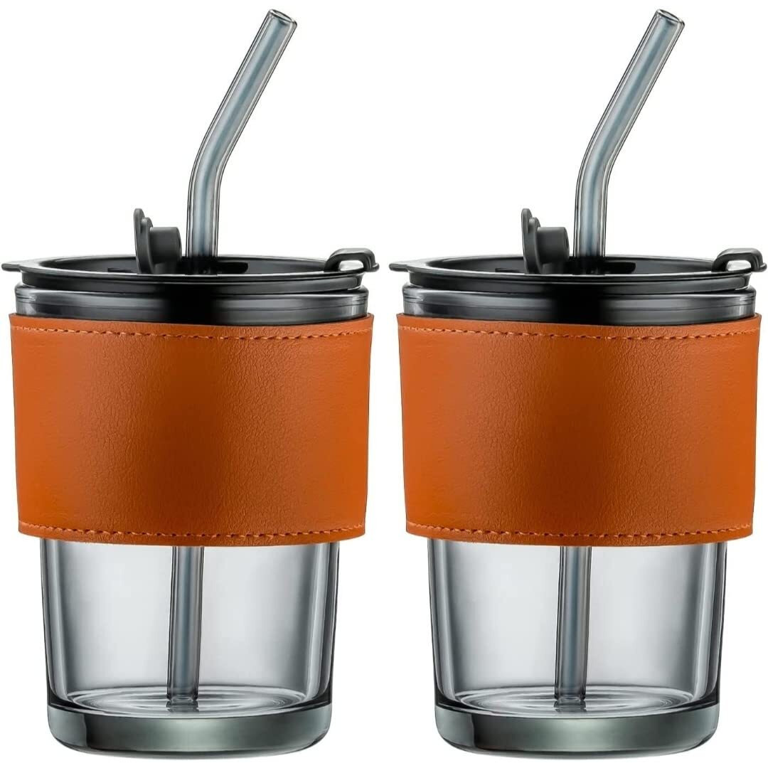 Kikiluxxa Glass Tumbler Mug With Lid,Glass Straw&Protective Anti-Skid Leather Sleeve For Hot&Cold Beverages Tea Coffee Smoothies Fruit Juice Travel Mug-435Ml(Grey Leather 1)435 Milliliter