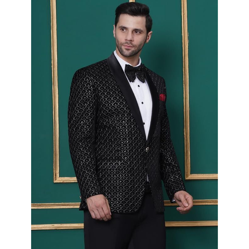 Favoroski Wedding Sequence Blazer Suit For Men | Black Wedding Suit For Men | Embroidered Velvet Blazer | Relaxed Fit Blazer For Men Wedding Party | Semi Formal Men Blazer For Wedding Party