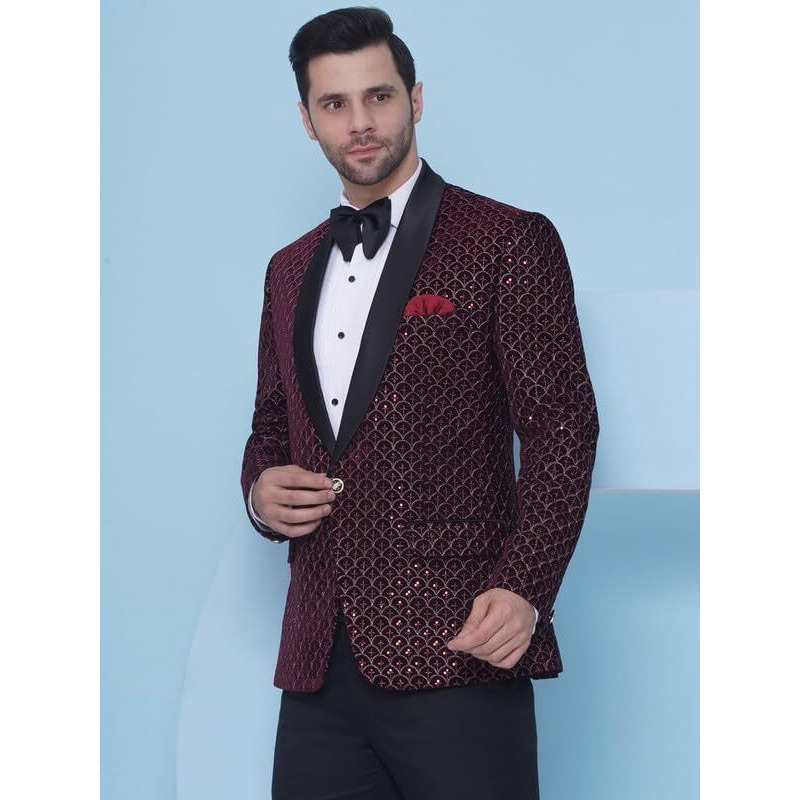 Favoroski Wedding Sequence Blazer Suit For Men | Embroidered Maroon Velvet Blazer | Relaxed Fit Blazer For Men Wedding Party | Ethnic Wear Blazer For Men | Men Blazer For Wedding Party