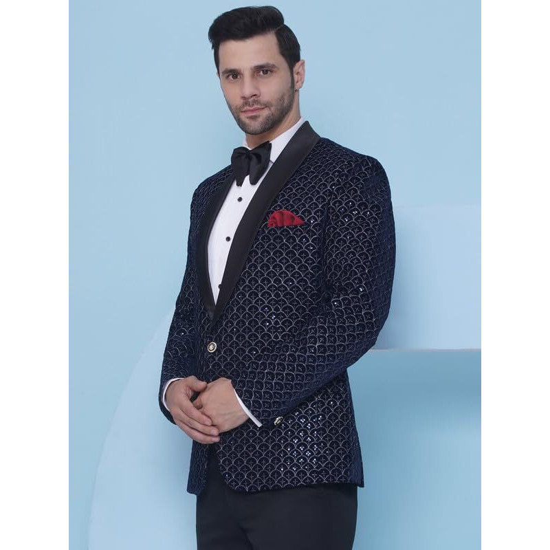 Favoroski Wedding Sequence Blazers For Men | Blue Embroidered Velvet Blazer | Relaxed Fit Blazer For Men Wedding Party | Ethnic Wear Blazer For Men | Men Blazer For Wedding Party | Blazer Suit For Men