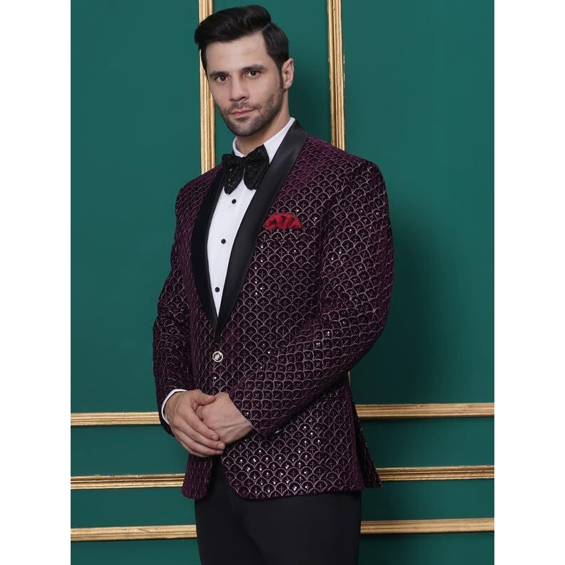 Favoroski Wedding Sequence Blazer Suit For Men | Purple Coat For Men Blazer | Relaxed Fit Blazer For Men Wedding Party | Embroidered Velvet Blazer | Blazer Coat For Men Wedding Party