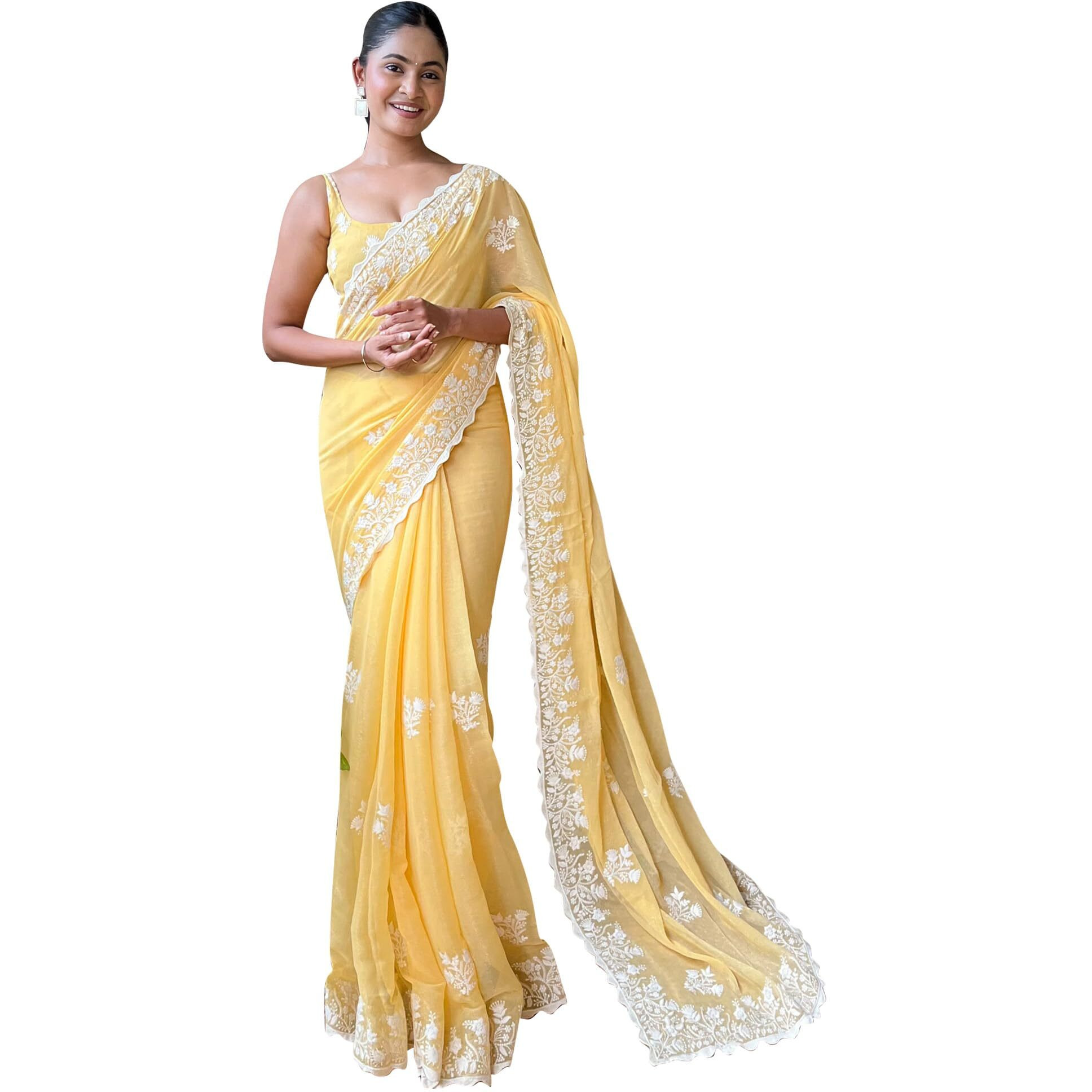 Akhilam Women's Yellow Georgette Embroidered Saree With Blouse Piece (Kesari5707_Kr)