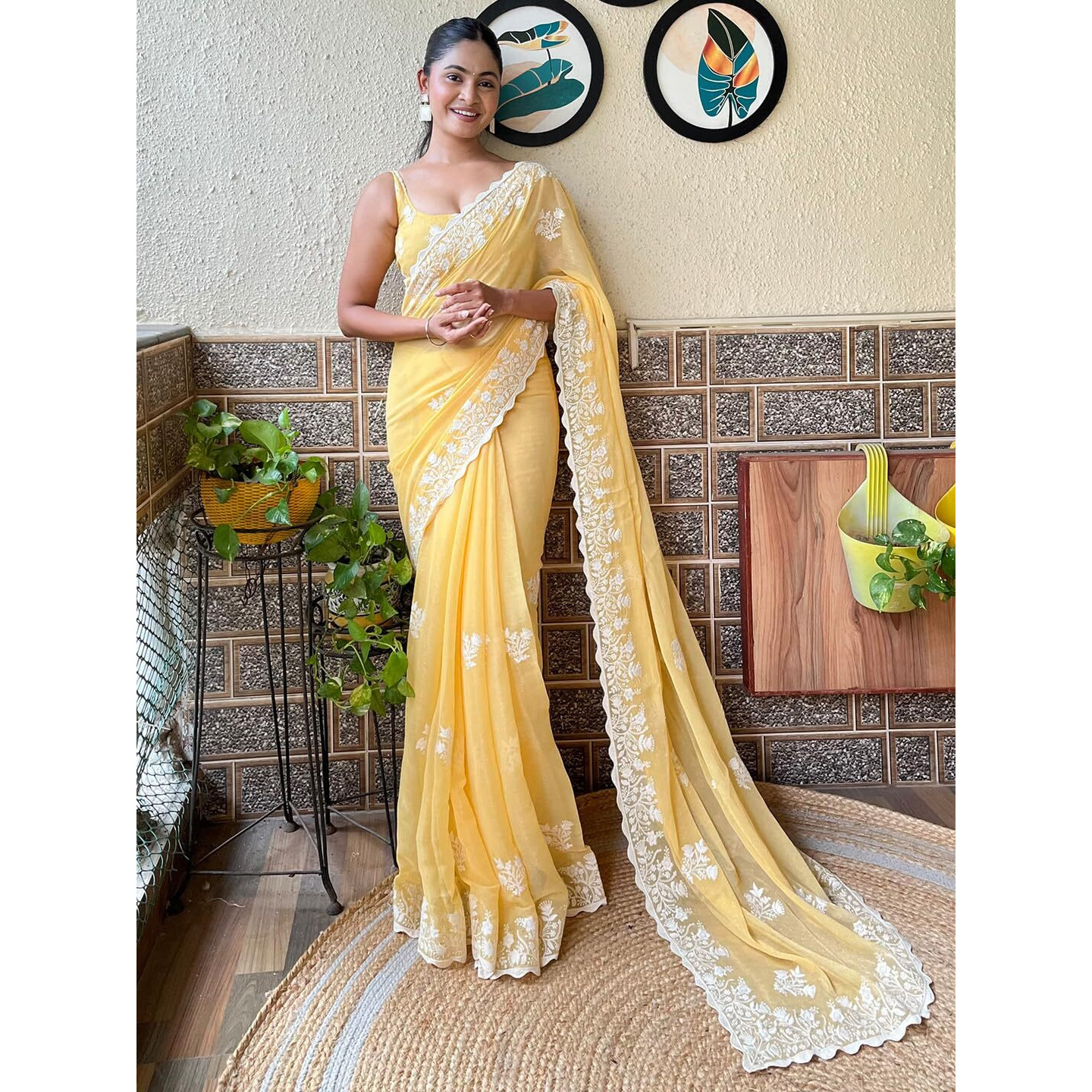 Akhilam Women's Yellow Georgette Embroidered Saree With Blouse Piece (Kesari5707_Kr)