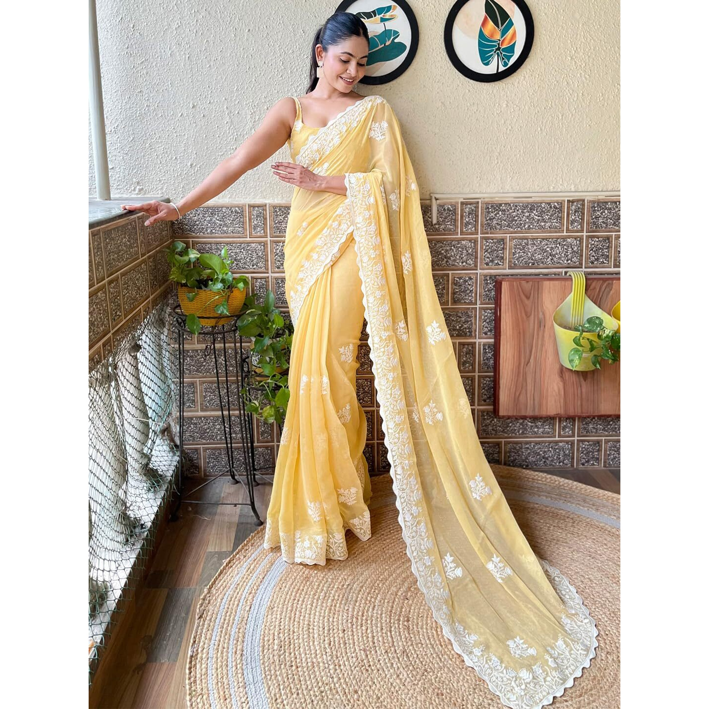 Akhilam Women's Yellow Georgette Embroidered Saree With Blouse Piece (Kesari5707_Kr)