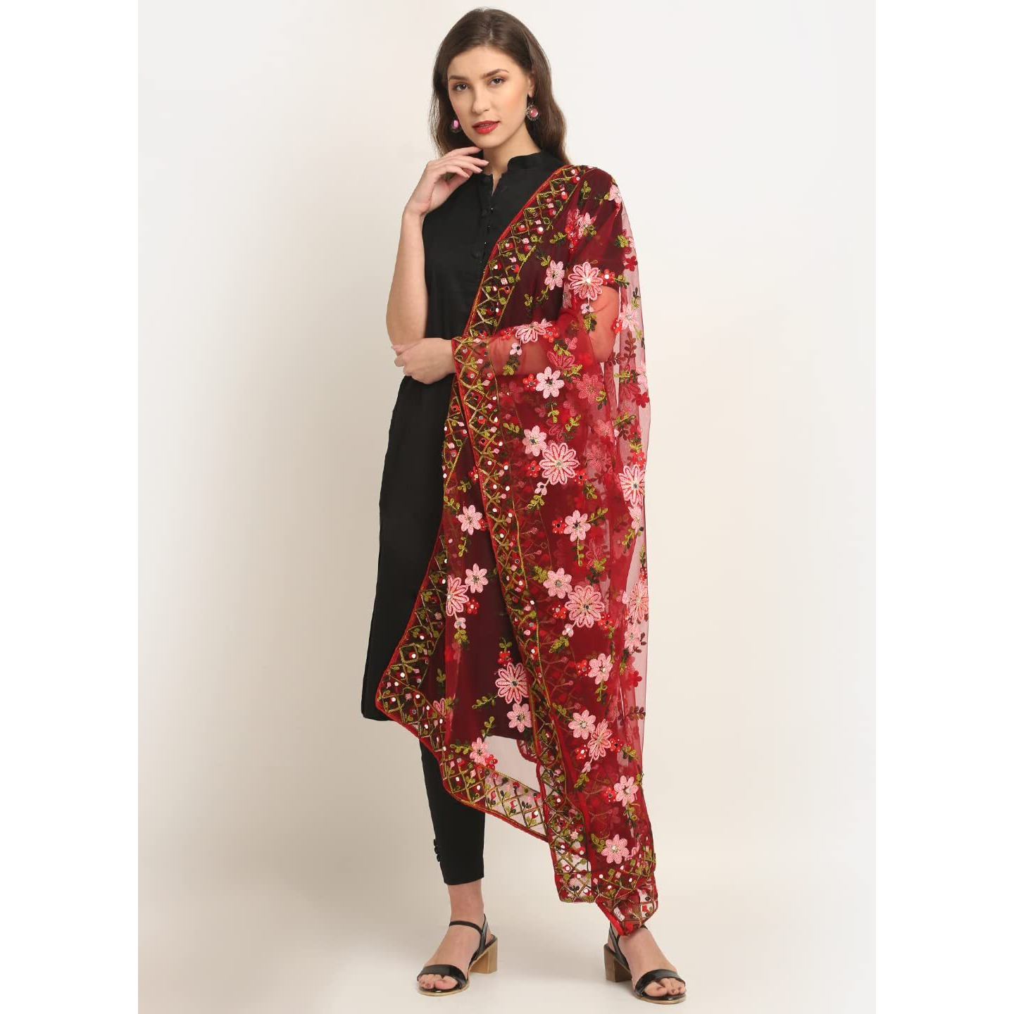 Shasmi Women's Heavy Net Embroidered Fancy Phulkari Work Dupatta For Women (Only Dupatta) (Maroon)