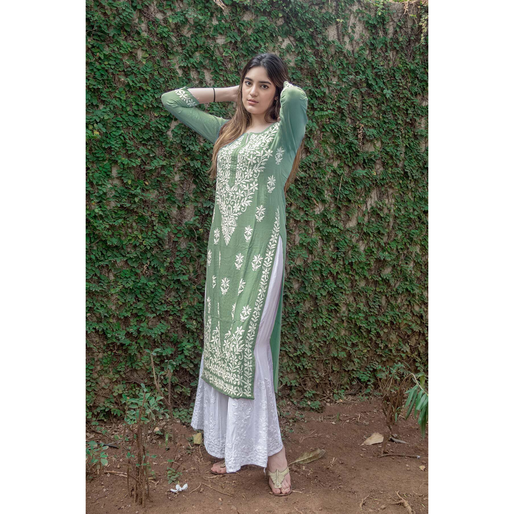 Gosriki Women's Rayon Blend Straight Chikankari Embroidered Kurta (Victoria Green-Gs_L_White_Large)
