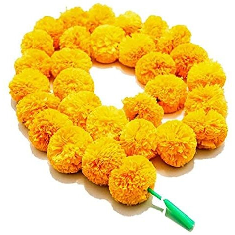 Abhaas Artificial Marigold Flowers For Decoration Long Marigold Garlands For Decoration Toran Indian Genda Phool For Wedding & Festival |4.8 Feet Long |Yellow | 5 Strings