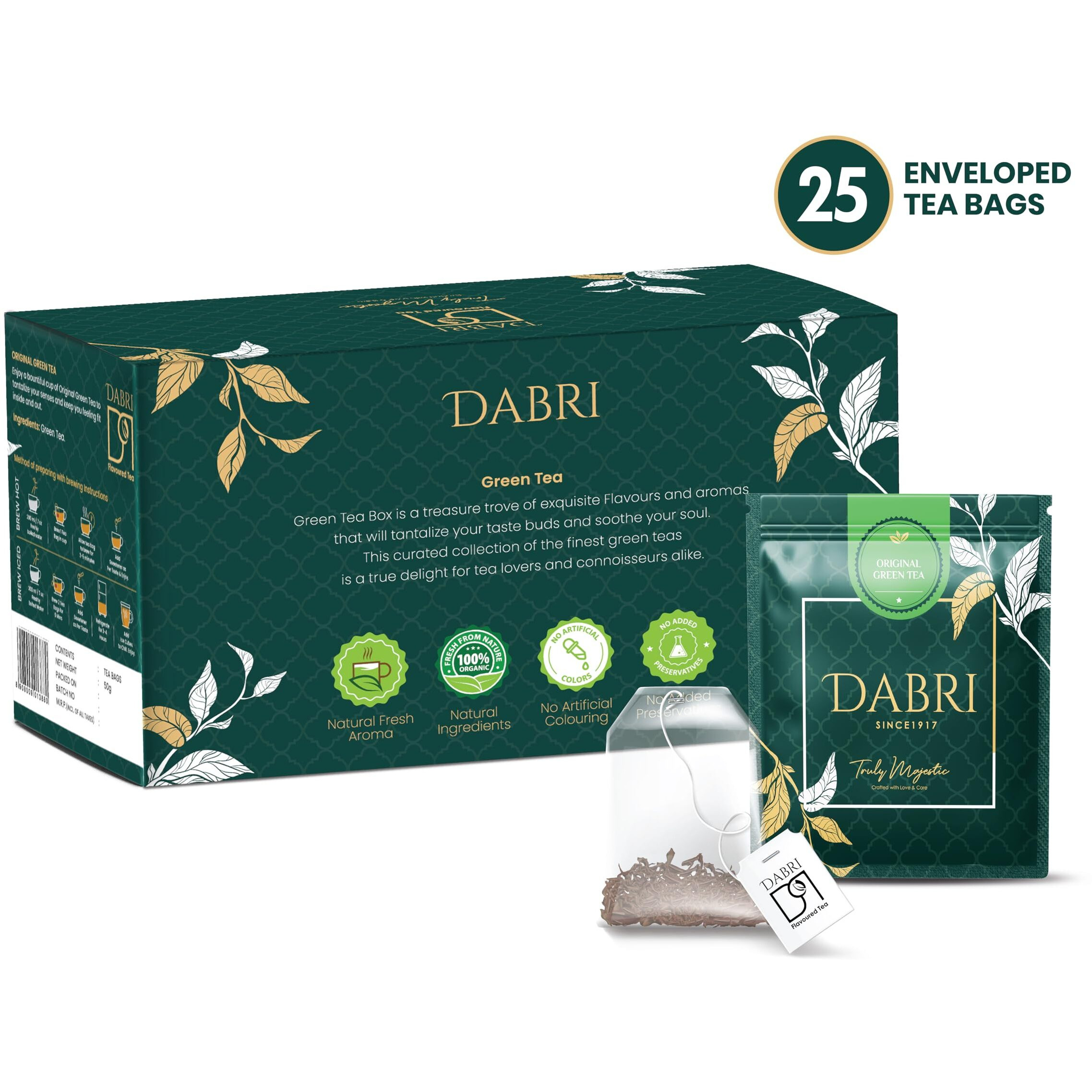 Dabri Detox Green Tea Bags Double Chamber 25Pcs|Fresh Natural Green Tea For Good Health|Rich With Anti-Oxidants,Immunity Booster,Improves Metabolism & Used To Reduces Waist(Pack Of 2-25 Pcs Each Box)