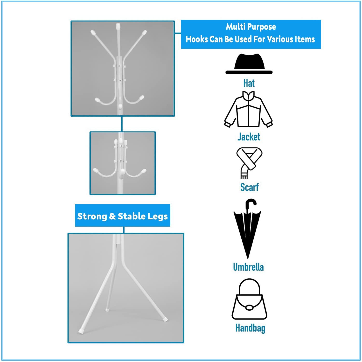 Leopax 8 Hook Metal Coat Stand Hanger For Hanging Clothes, Towels, Hats | Garment Stand, Cloth Stand, Cloth Hanger, Standing Coat Rack - White, 44 X 44 X173 Cm