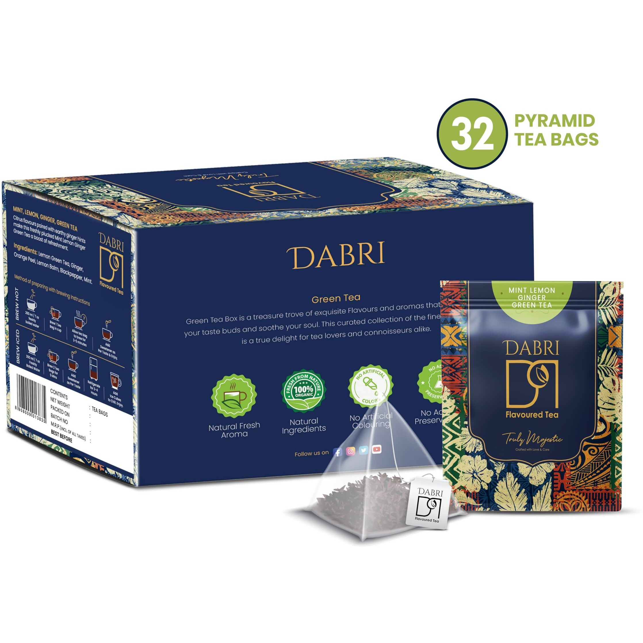 Dabri Mint Lemon Ginger Detox Green Tea (32 Tea Bags) Build Immunity,Eases Digestion Upset & Maintains Body To Weight Ratio|Freshens Breathe With Lemon Grass,Mint Leaves,Dry Ginger