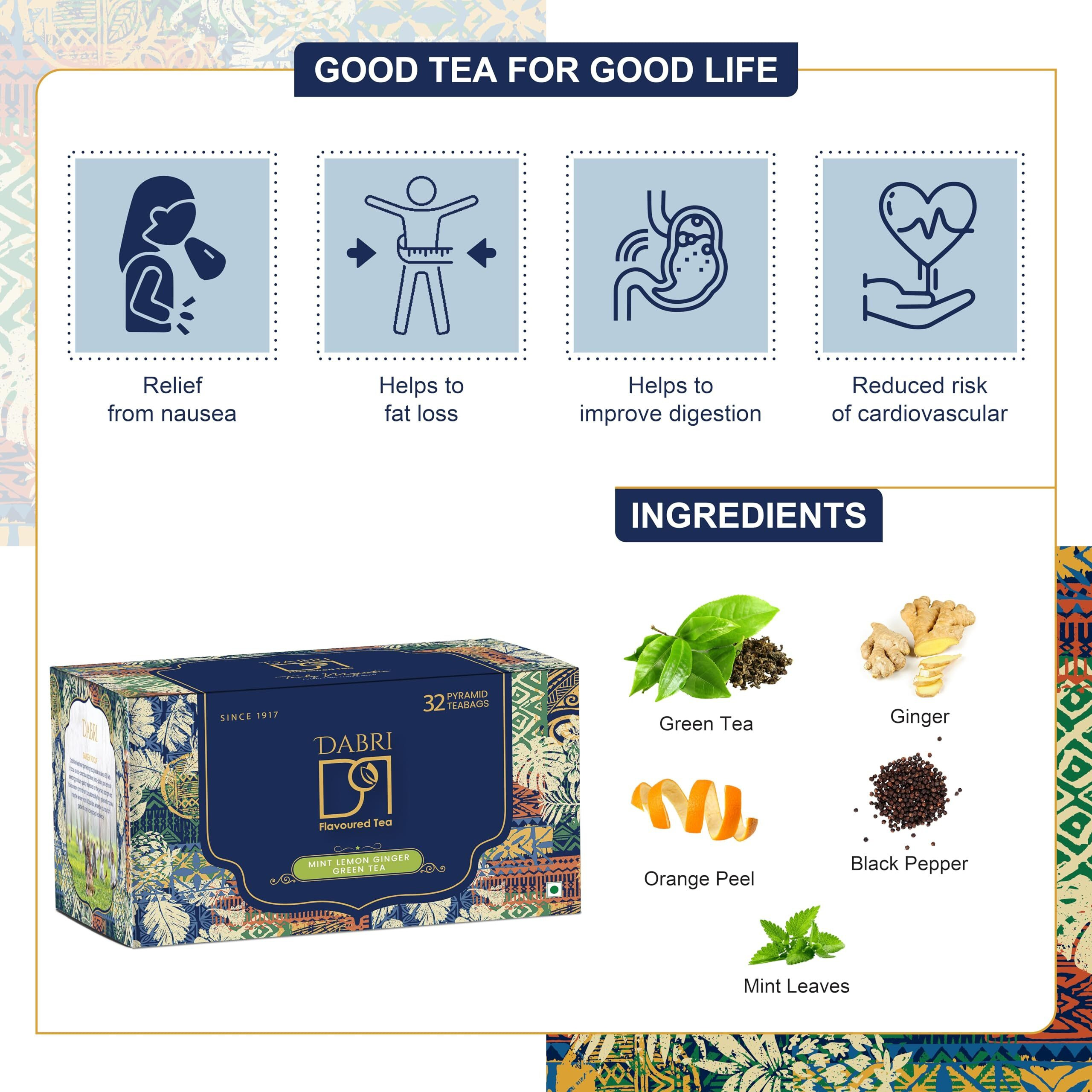 Dabri Mint Lemon Ginger Detox Green Tea (32 Tea Bags) Build Immunity,Eases Digestion Upset & Maintains Body To Weight Ratio|Freshens Breathe With Lemon Grass,Mint Leaves,Dry Ginger