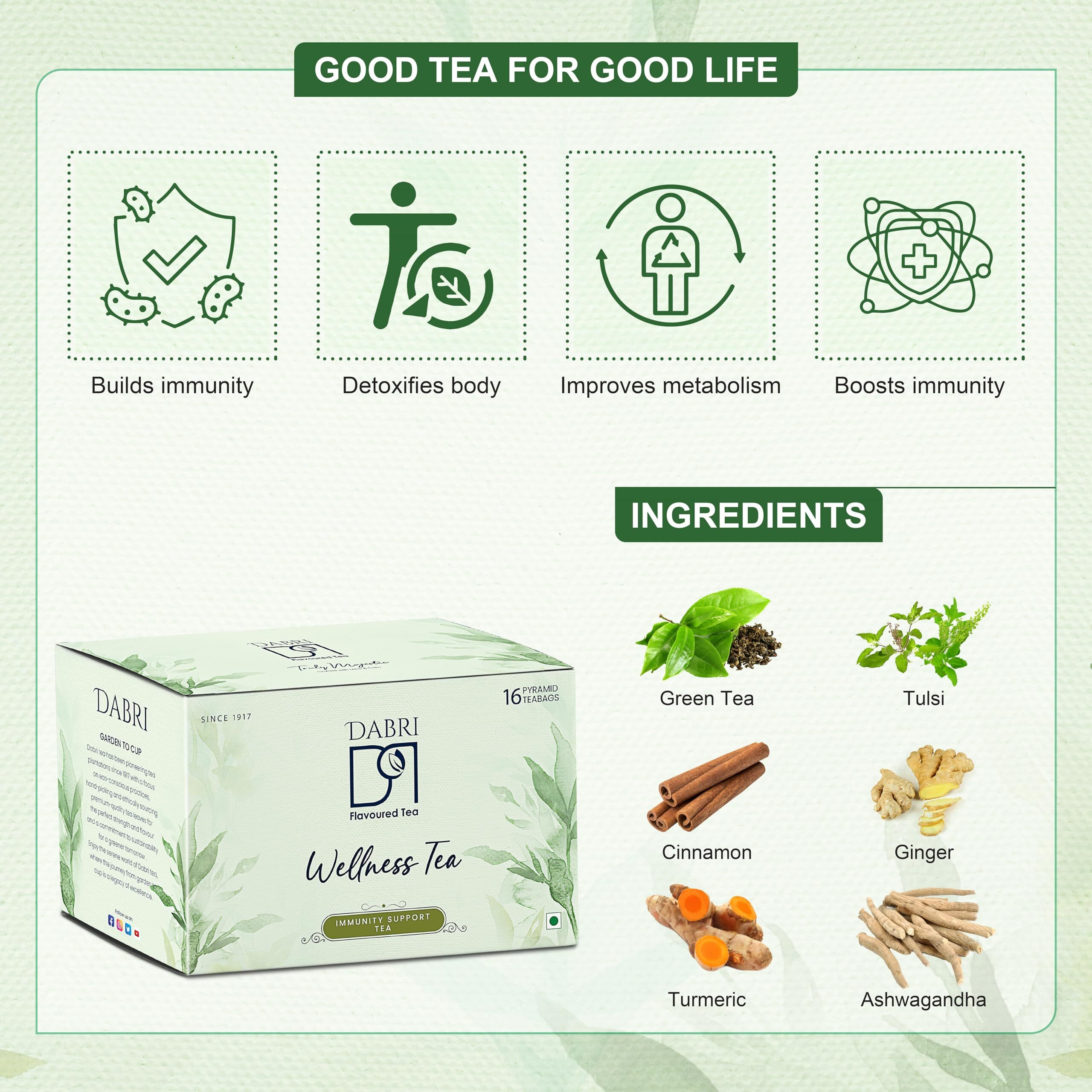 Dabri Immunity Support Tea 16 Pyramid Tea Bags | Build Immunity, Detoxifies Body, Improves Metabolism, Boosts Immunity And Also Improve Digestion (16 Pyramid Tea Bags)