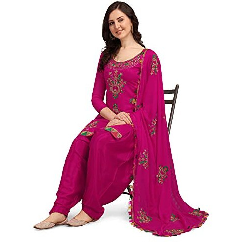 Ethnicjunction Women's Chanderi Cotton Embroidered Unstitched Salwar Suit Dress Material With Pompom Lace Work (Dark Pink)