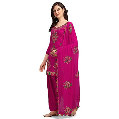 Ethnicjunction Women's Chanderi Cotton Embroidered Unstitched Salwar Suit Dress Material With Pompom Lace Work (Dark Pink)