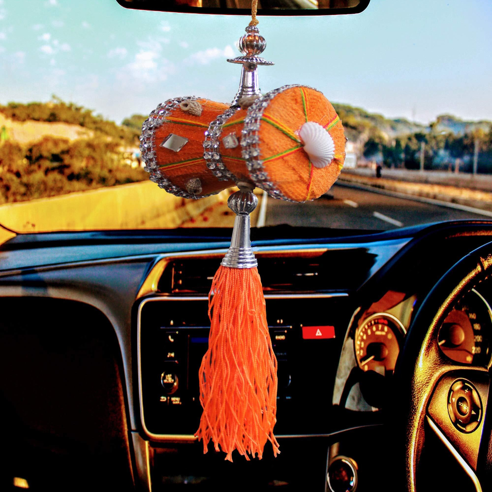 U & U Unique Utilities Car Mirror Hanging Interior Dcor Accessories, Velvet Cloth Handmade Car Decoration Damru, 7 X 6 X 6 Cm Orange