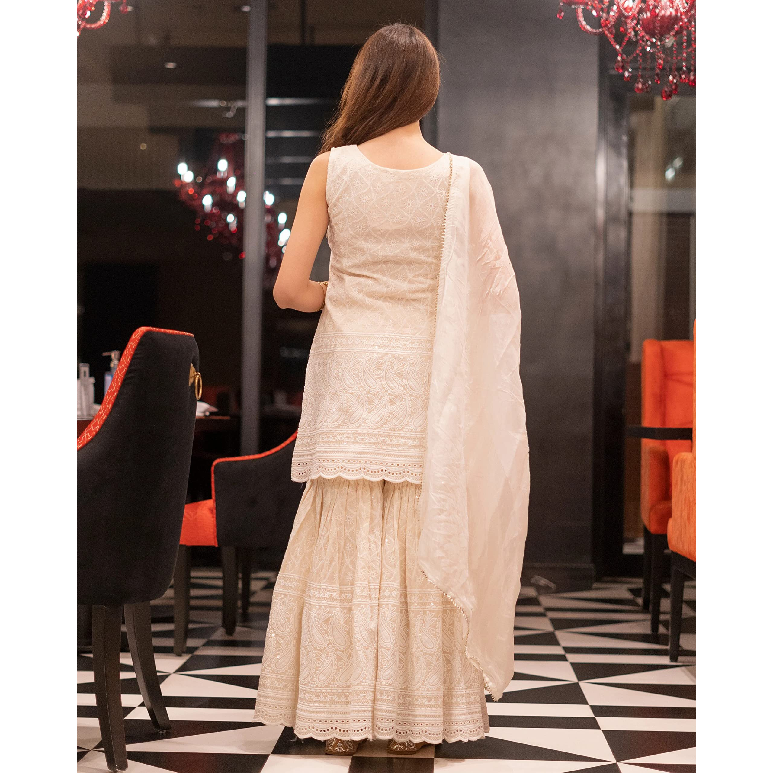 Nayasi Womens White Cotton Blend Embroidered Kurta Sharara Set With Dupatta (Nyk-Ach-02-M)