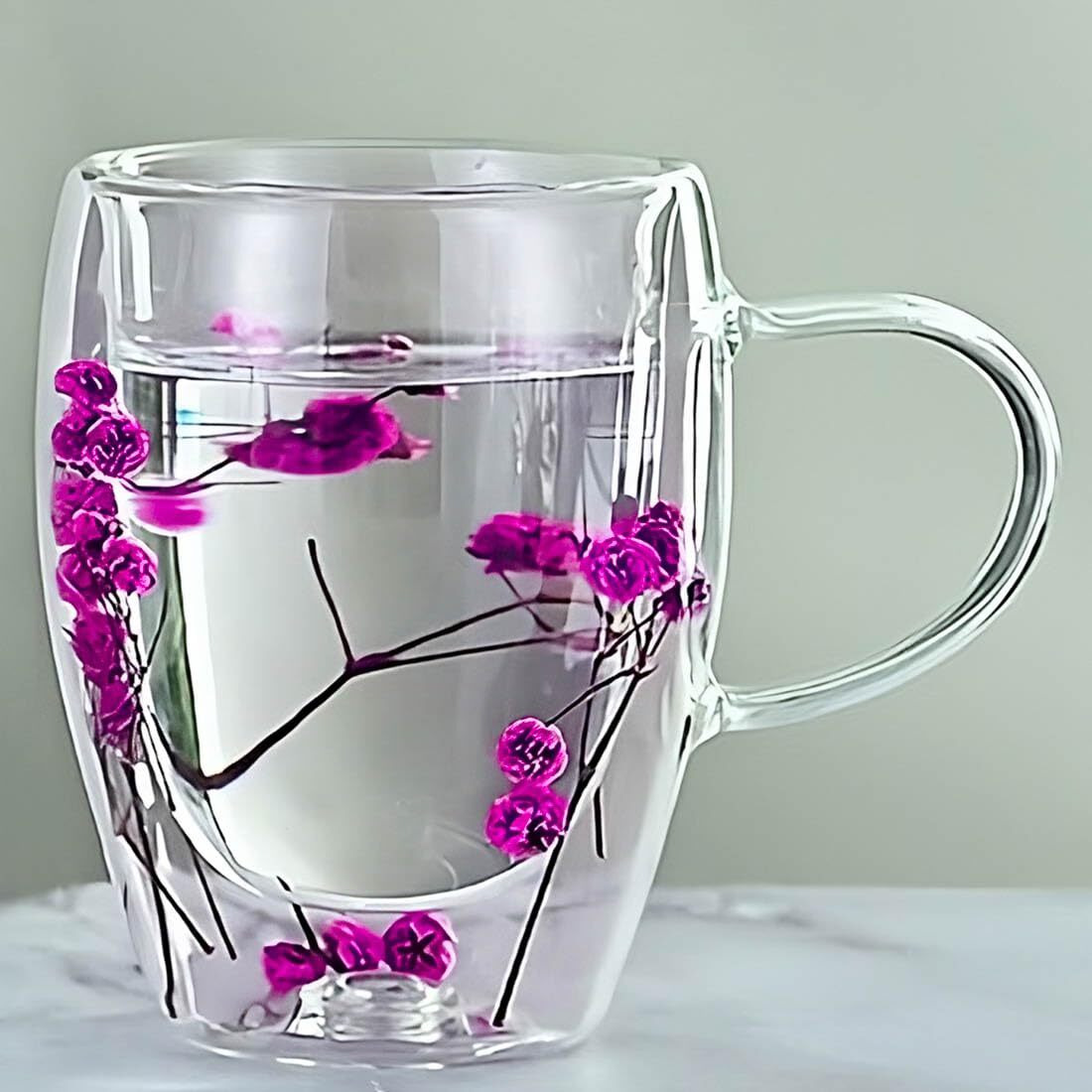 Bonzeal Premium Glass Mug Double Wall Pink Floral Mug Tea Cup Heat Resistant Double Layered Glass 300 Ml Gift For Girlfriend Boyfriend Husband Wife Mom Dad Brother Sister Premium Mugs