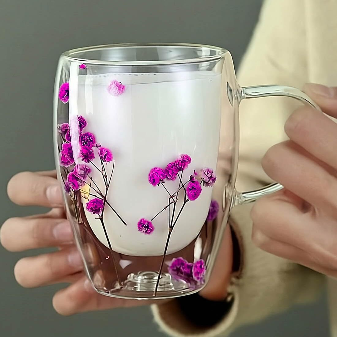 Bonzeal Premium Glass Mug Double Wall Pink Floral Mug Tea Cup Heat Resistant Double Layered Glass 300 Ml Gift For Girlfriend Boyfriend Husband Wife Mom Dad Brother Sister Premium Mugs
