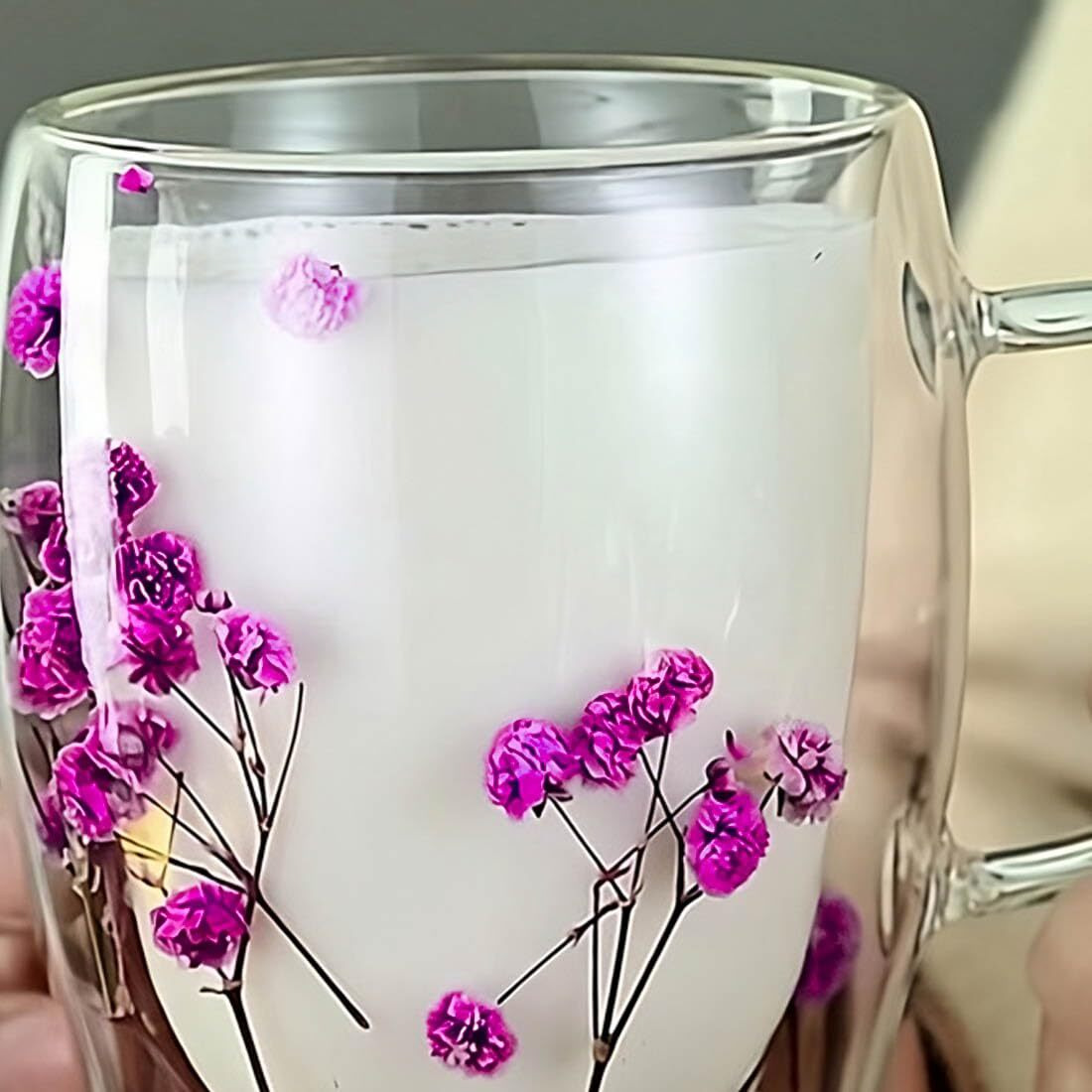 Bonzeal Premium Glass Mug Double Wall Pink Floral Mug Tea Cup Heat Resistant Double Layered Glass 300 Ml Gift For Girlfriend Boyfriend Husband Wife Mom Dad Brother Sister Premium Mugs