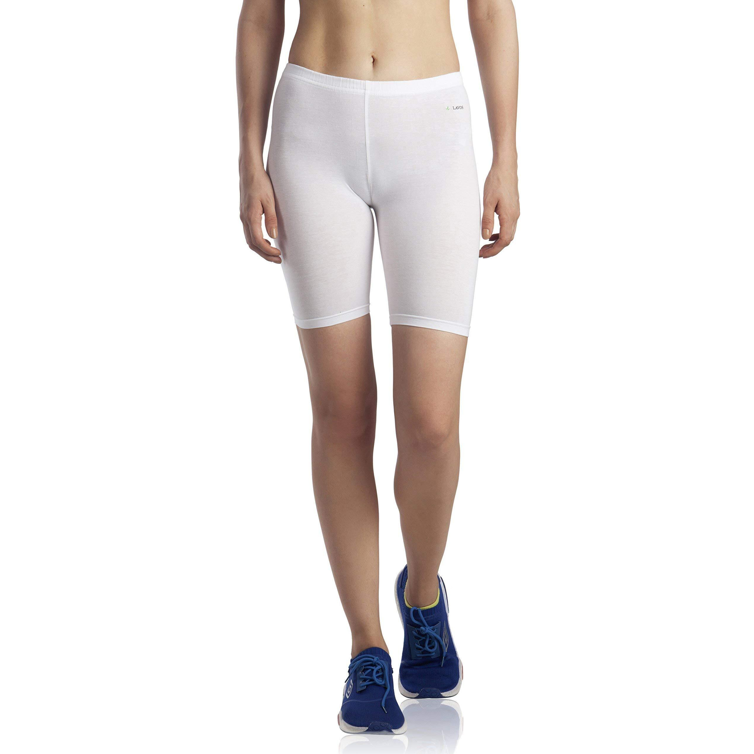 Lavos Women Under Dress Sports Cycling Shorts, Bamboo Cotton Activewear Yoga Gym Workout Anti-Bacterial Uniform, Elastic Mid Waist Shorties Tights For Womens And Girls(S) White