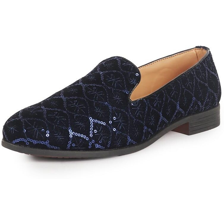Fausto Fst Fosme-2166 Blue-42 Men Blue Ethnic Velvet Sequin Embroidered Round Toe Juttis And Mojaris For Wedding|Festive Slip-On For Kurtas|Traditional Sherwani Shoes|Prom Slip On Shoes (8 Uk)