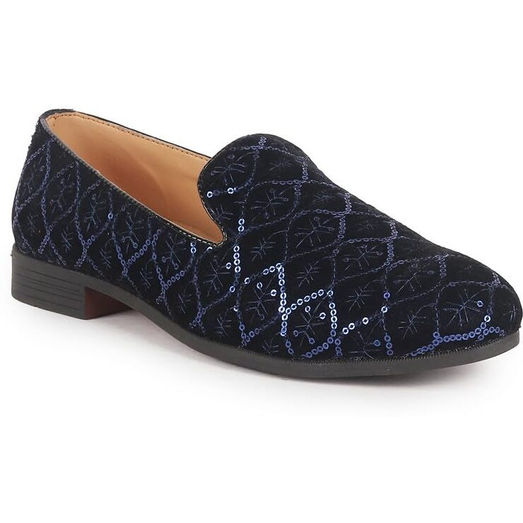 Fausto Fst Fosme-2166 Blue-42 Men Blue Ethnic Velvet Sequin Embroidered Round Toe Juttis And Mojaris For Wedding|Festive Slip-On For Kurtas|Traditional Sherwani Shoes|Prom Slip On Shoes (8 Uk)