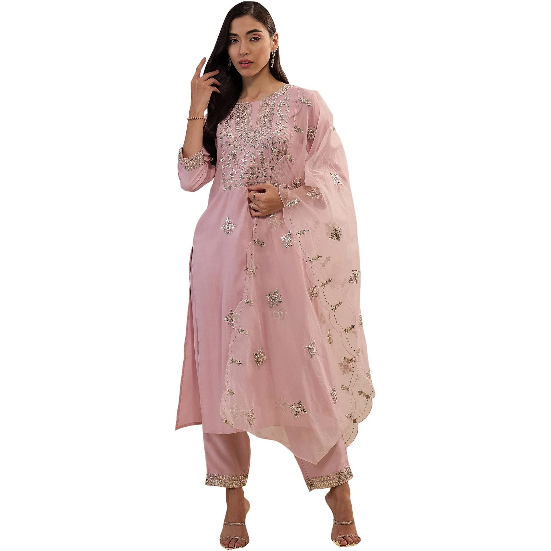 Indo Era Women's Embroidered Silk Blend Straight Kurta And Pant With Dupatta Set (Kh9Bp6009_Xx-Large), Pink