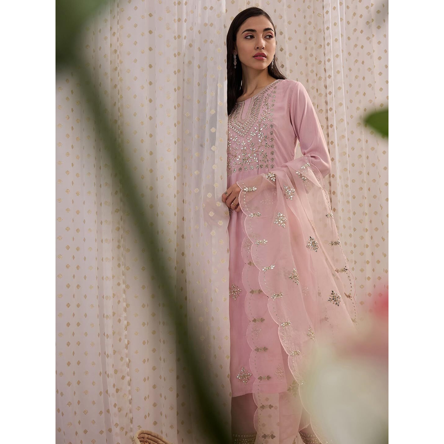 Indo Era Women's Embroidered Silk Blend Straight Kurta And Pant With Dupatta Set (Kh9Bp6009_Xx-Large), Pink