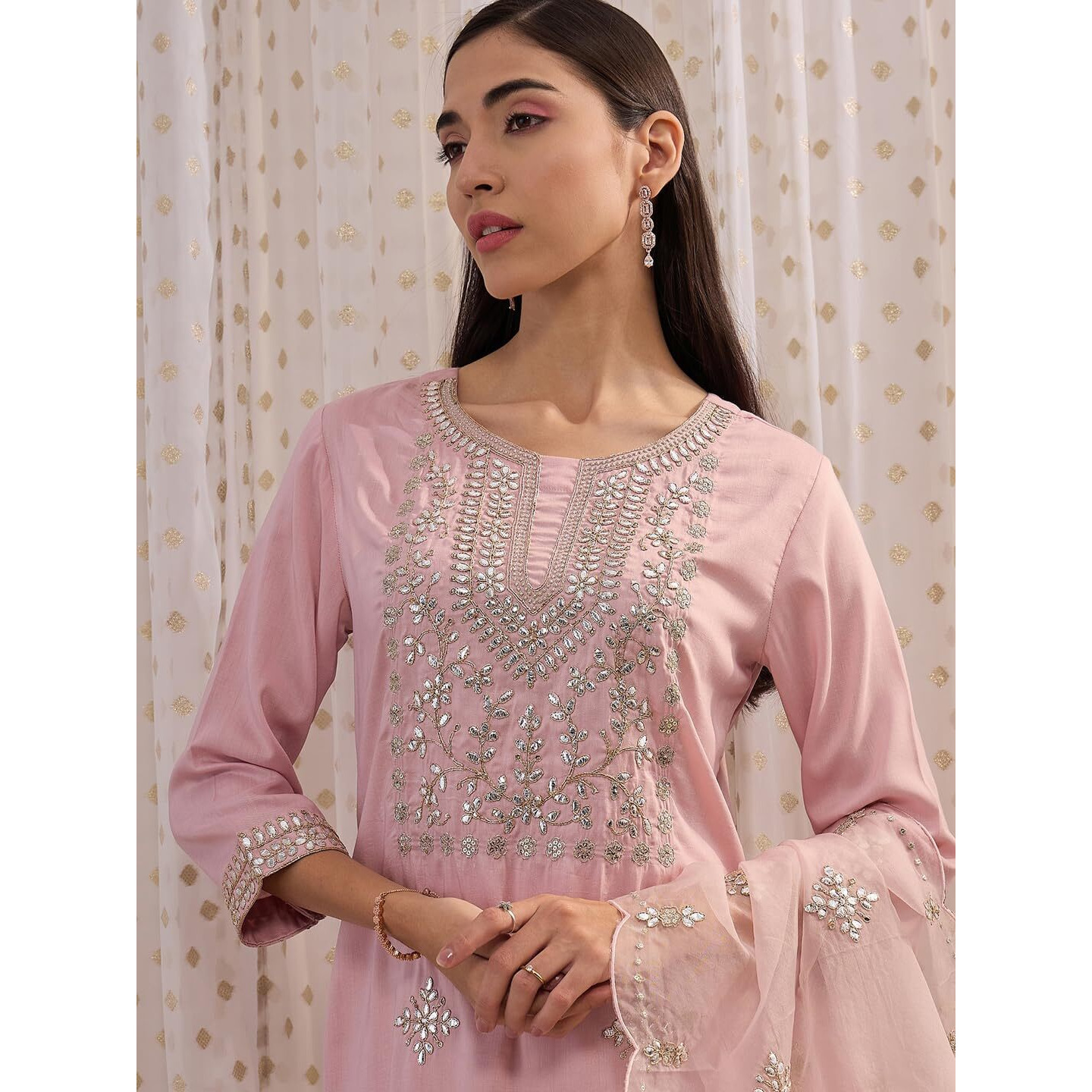 Indo Era Women's Embroidered Silk Blend Straight Kurta And Pant With Dupatta Set (Kh9Bp6009_Xx-Large), Pink