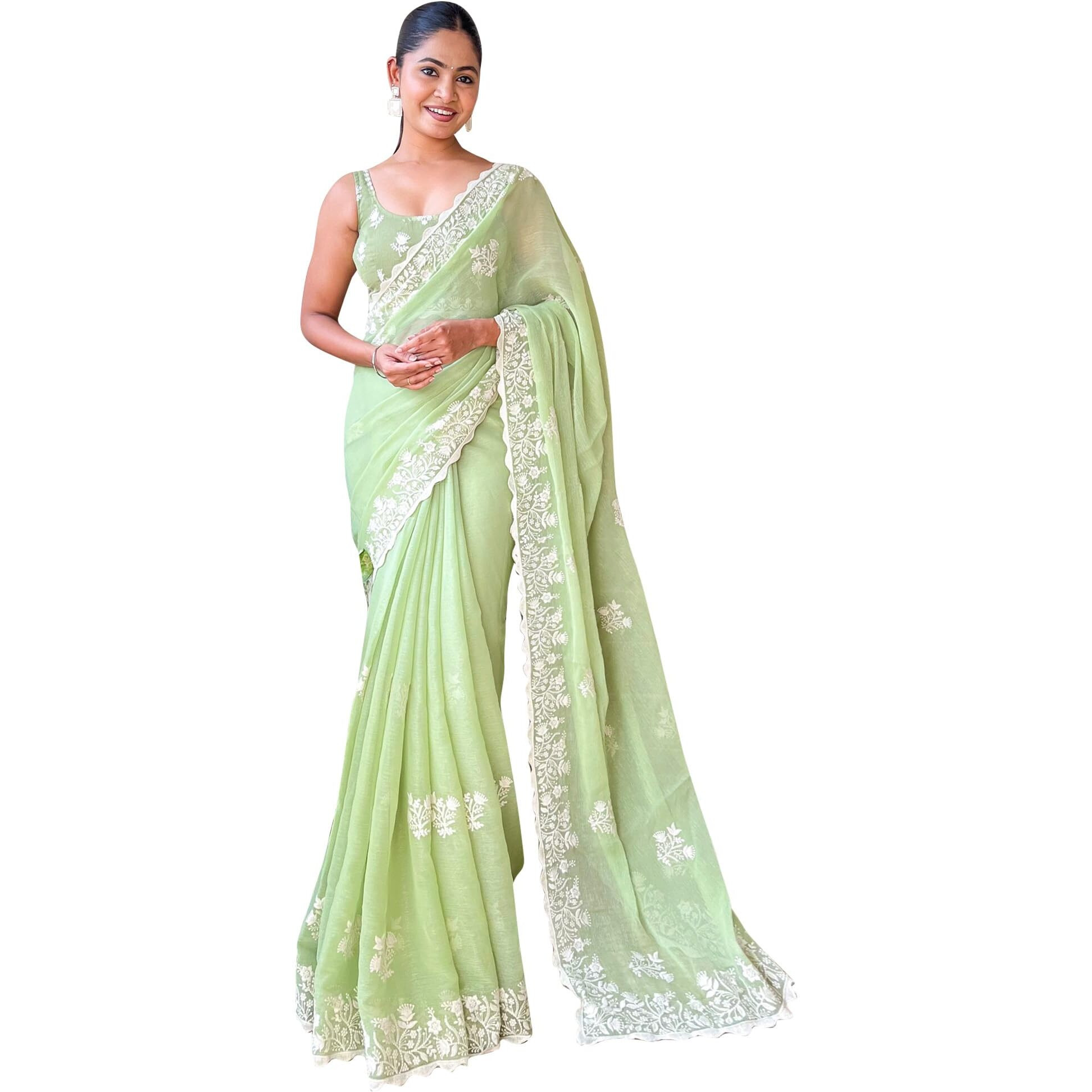 Akhilam Women's Light Green Georgette Embroidered Saree With Blouse Piece (Kesari5704_Kr)