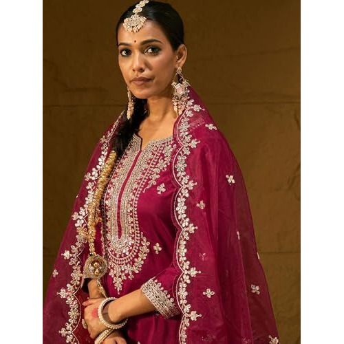 Indo Era Women's Embroidered Maroon Silk Blend Straight Kurta And Pant With Dupatta Set (Shutr6011._Medium)