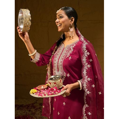 Indo Era Women's Embroidered Maroon Silk Blend Straight Kurta And Pant With Dupatta Set (Shutr6011._Medium)